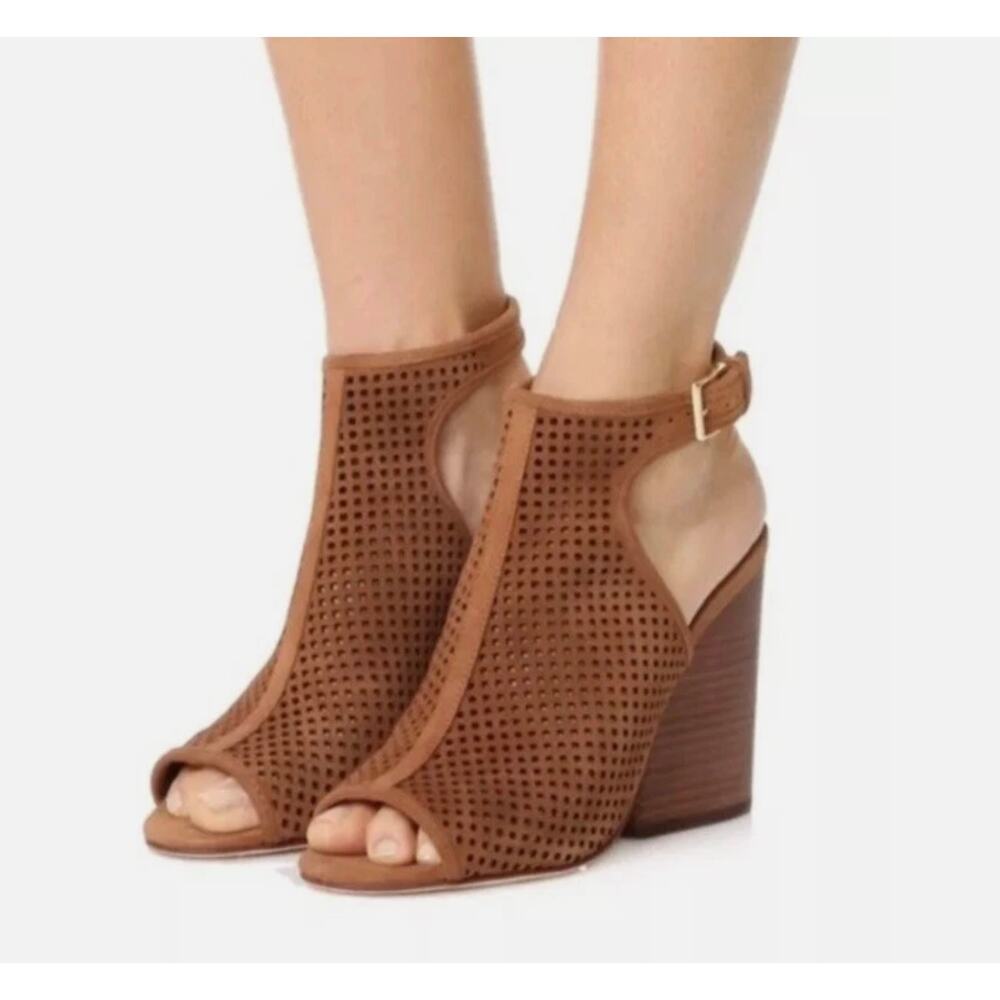 Tory Burch Women 7 Tan Jessie Perforated Suede High Heel Open Toe Strappy Bootie